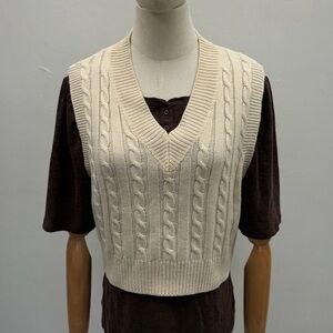 Cream Cable Knit Sweater Vest V-Neck Cotton Blend Size L